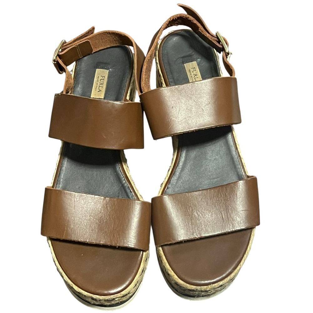 Furla Espadrille Wedge Brown Leather Sandals Size 37 US 6.5